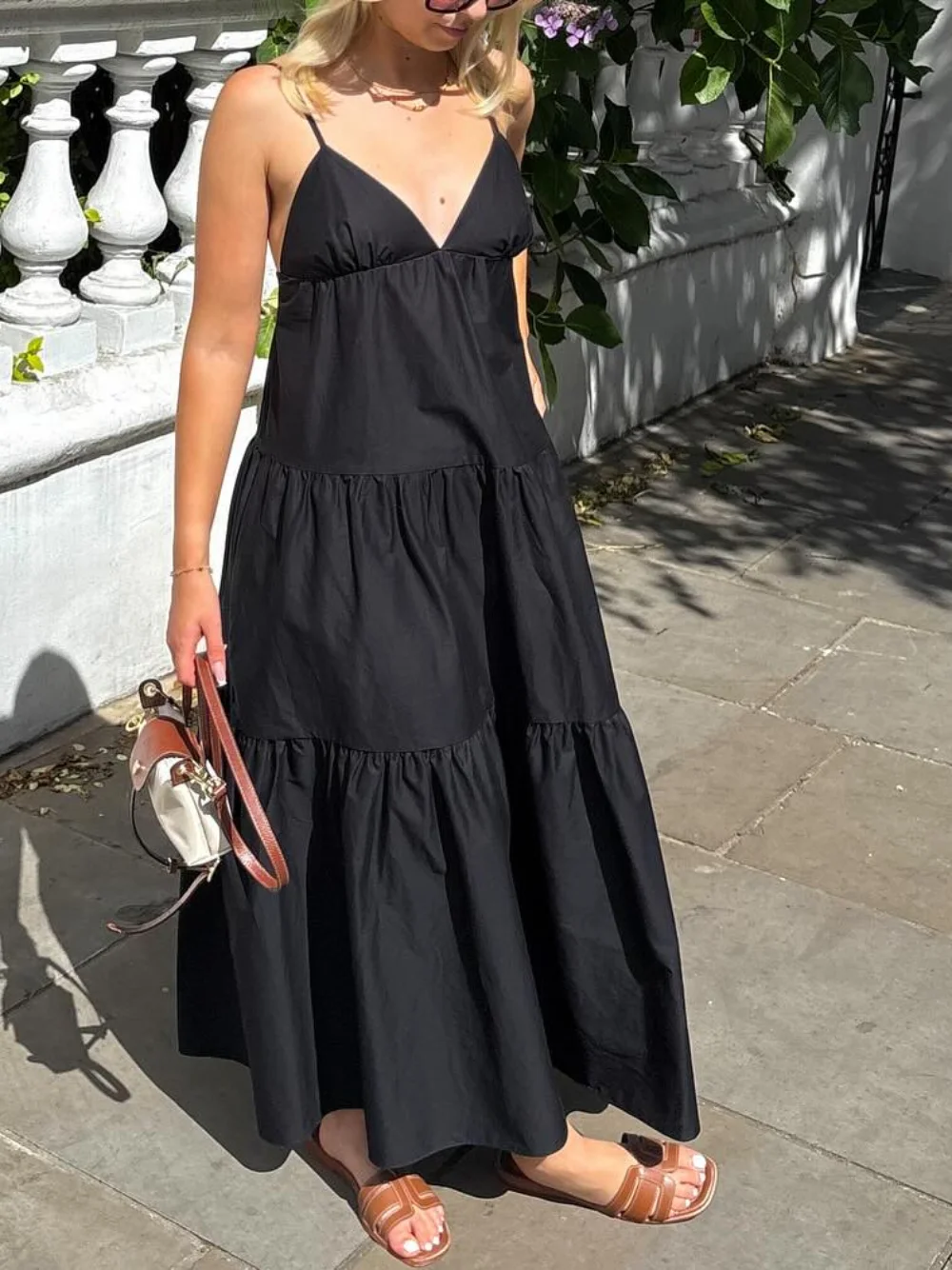 

Women's Summer Sleeveless Backless Chic Sling Dress Splicing Pleated Decoration Slim Long Fashionable Female Dress