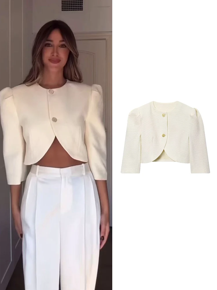 

TFMLN женская элегантная короткая куртка с пышными рукавами, однотонная однобортная укороченная куртка с круглым воротником и половиной рукава, модная верхняя одежда