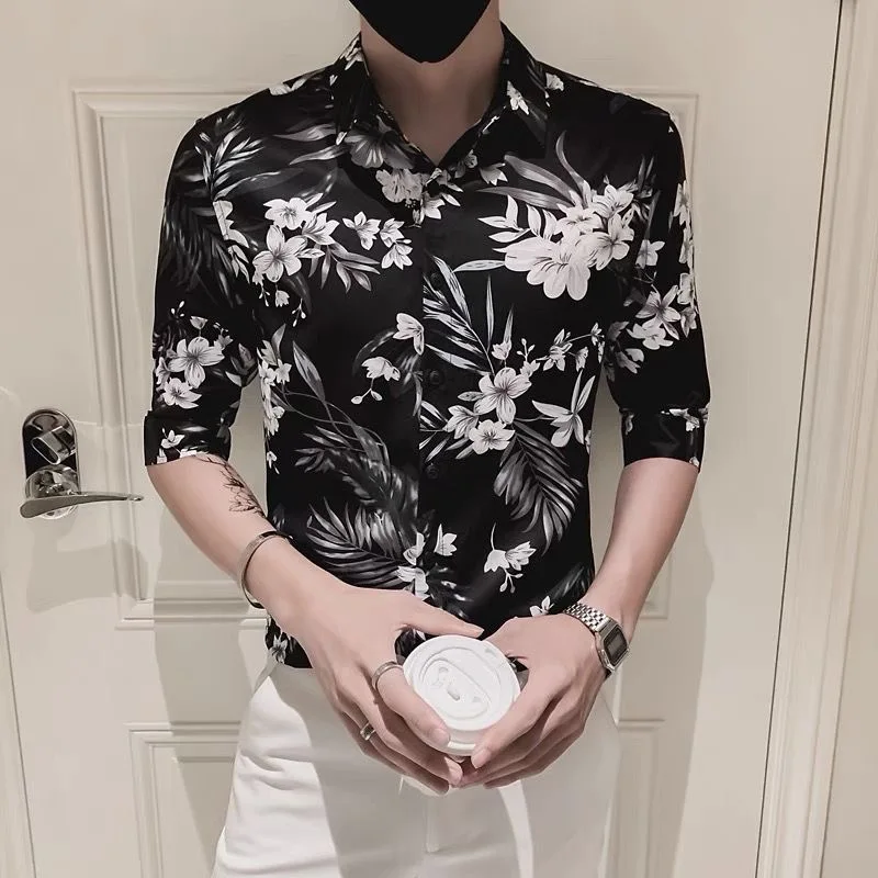 Summer Slim Fit Printed Short Sleeve Shirt Trendy Korean Design Seven Sleeve Length Floral Pattern Youthful Popular Male Fashion