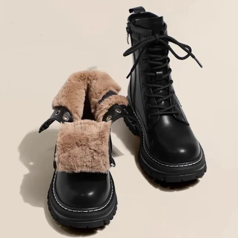 Plateaustiefel für Damen 2024, neue Herbst- und Winter-Plus-Samt-Baumwollschuhe, modische kurze Stiefel mit dicken Sohlen