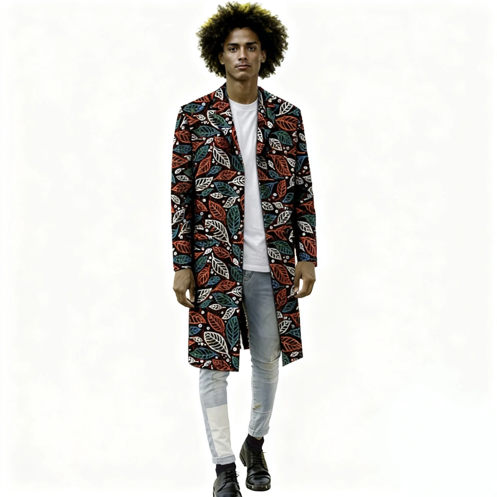 

Men's Longline Trench Coat Leaf Pattern Tailor Made Casual Overcoat Abstract African Print Male Lined Tops Autumn Dressing