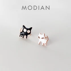 MODIAN White and Blace Enamel Cute Cat Stud Earring for Women Genuine 925 Sterling Silver Animal Ear Studs Fine Jewelry Kids Gif