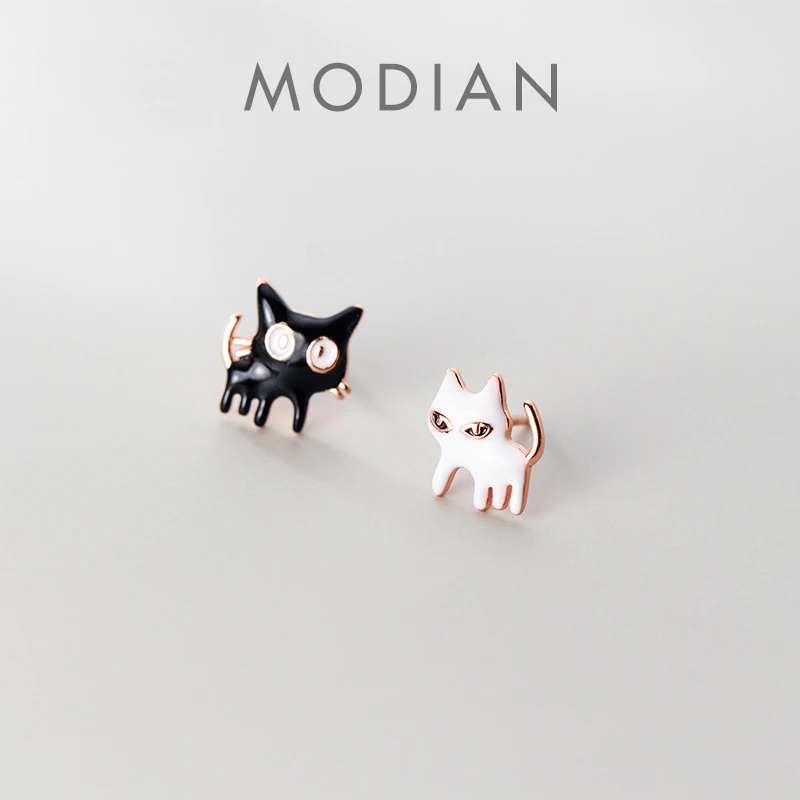 MODIAN biały i Blace emalia słodki kociak stadniny kolczyki dla kobiet oryginalne 925 srebro z uszami zwierzęcia szpilki Fine Jewelry Kids Gif