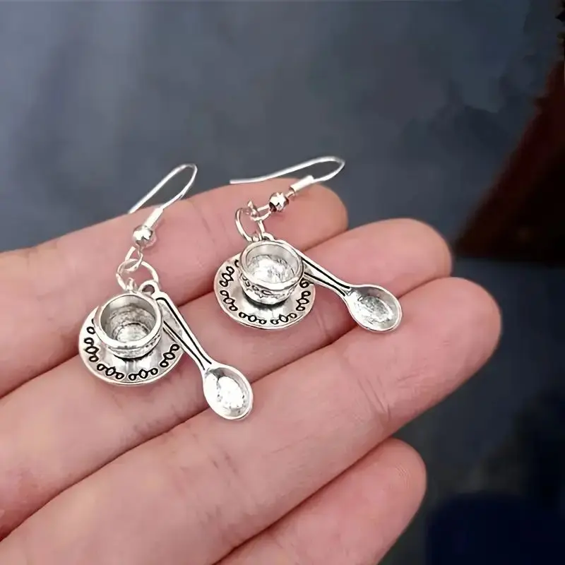 1 Pair Vintage Fun Tea Cup Spoon Earrings, Tableware Dangle Earrings, Party Jewelry, Christmas Gift, Valentine's Day Gift