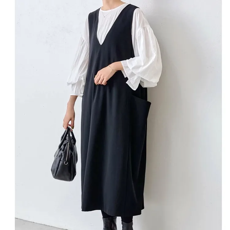 Losse Grote Maat Bla V-ne ketl Svel Dr Eenvoudige Koreaanse Sle Pendelen Polyestervezel Zomer Lange Dr