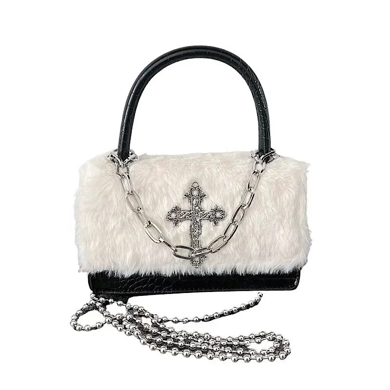 

Y2K Spicy Girl Gothic Cross Plush Small Square Bag Millennial Style Handheld Crossbody Autumn And Winter 2024 The New Listing