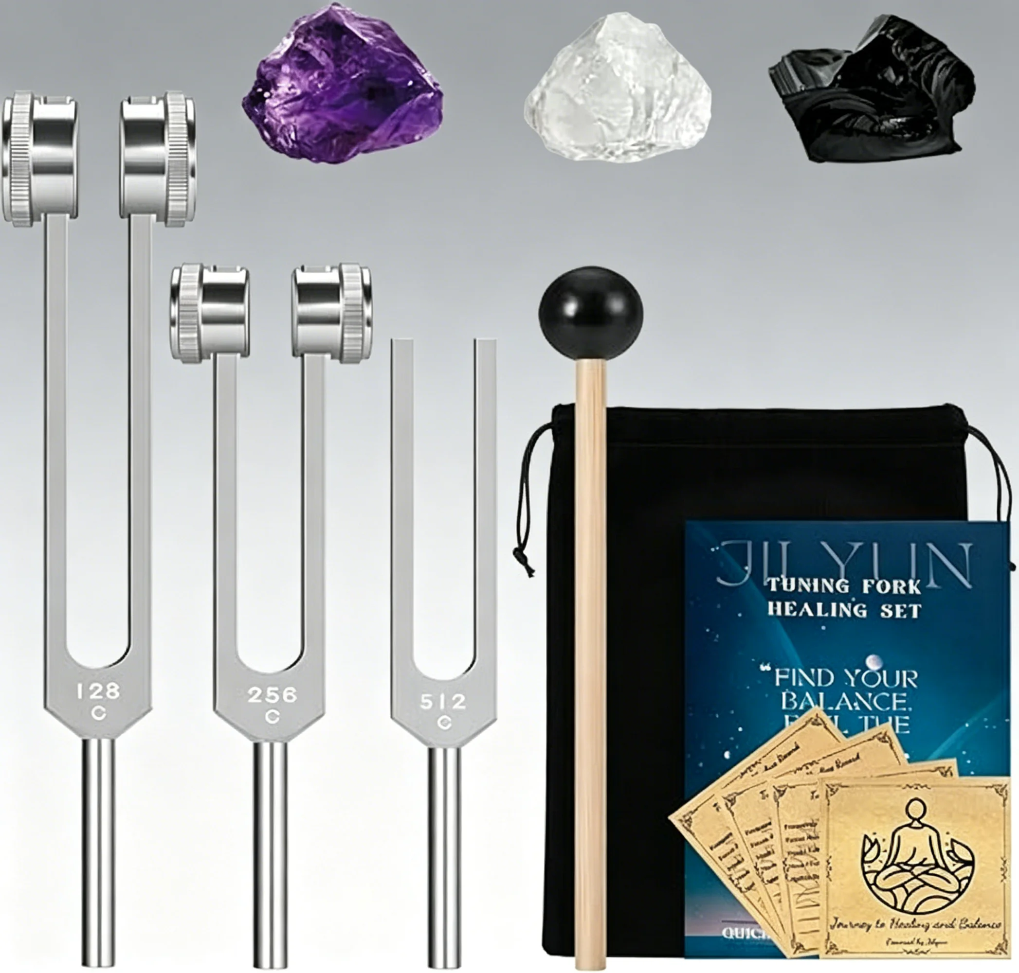 

3Pcs Healing Tuning Fork Set 128Hz 256Hz 512Hz, Weighted Unweighted Aluminum Fork with Rubber Mallet & Crystals, Sound Therapy Tool Gift for Men Women