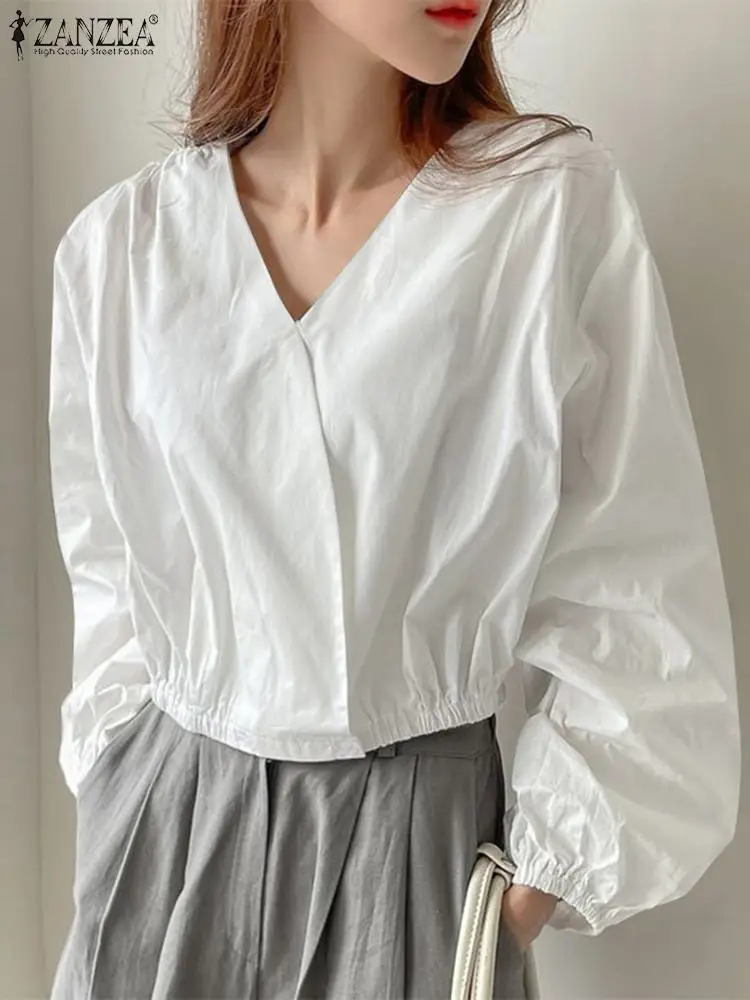 

ZANZEA Elegant Long Lantern Sleeve Blusas Fashion Harajuku Women Short Blouse Solid V-neck Party Tops Casual Office Shirt Tunic