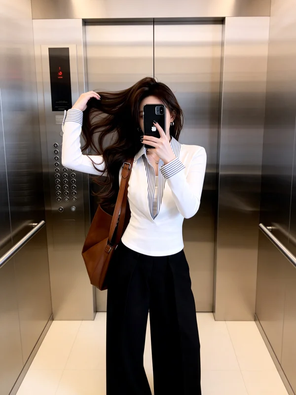 

Elegant Fake Two-Piece Top for Women Stylish Spring Summer New Design Casual Slim Fit Long Sleeve Collar Short Length