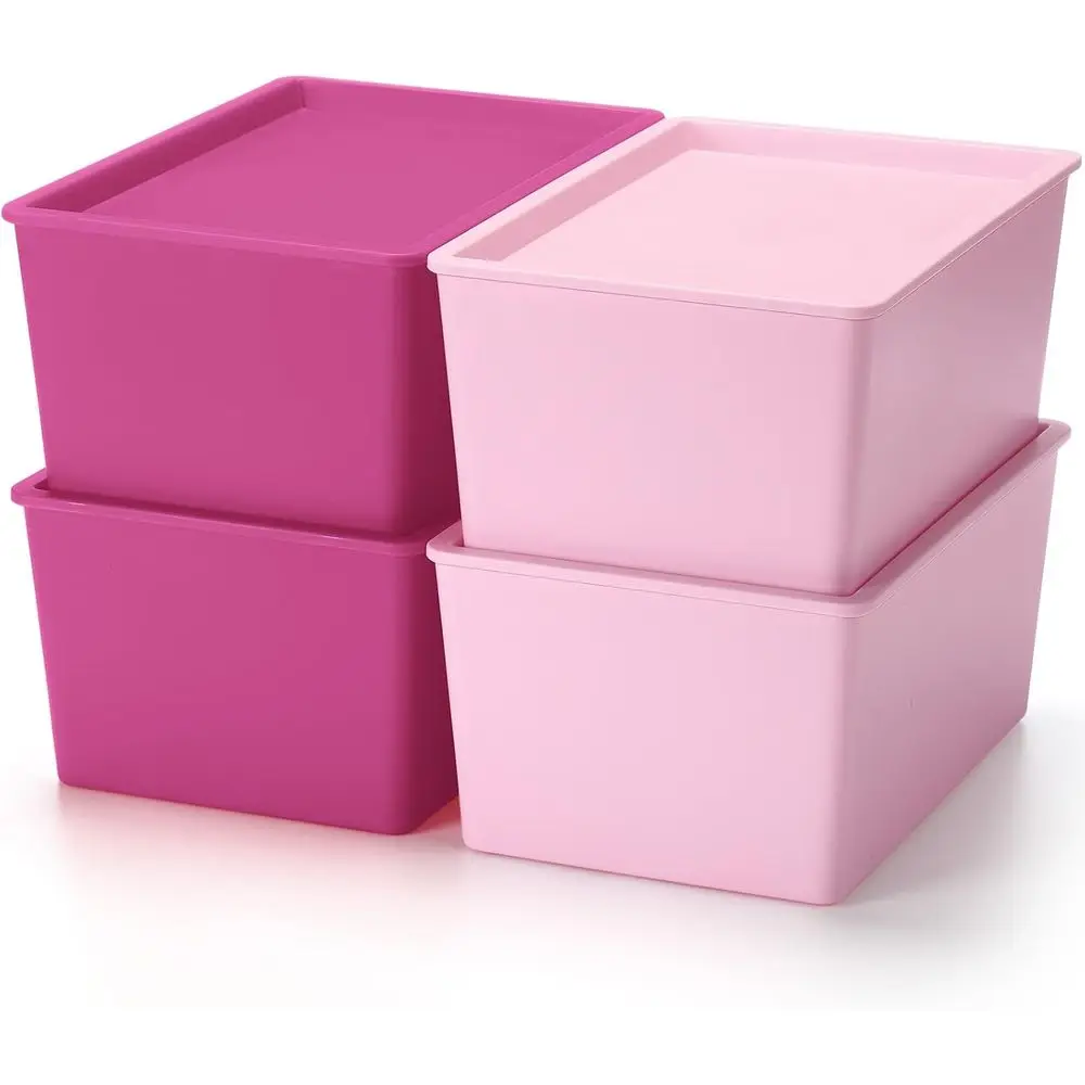 

Набор из 4 пластиковых контейнеров с крышками для хранения, штабелируемые, для организации полок, коробки для рождественских украшений, корзины (темно-розовый, светло-розовый)