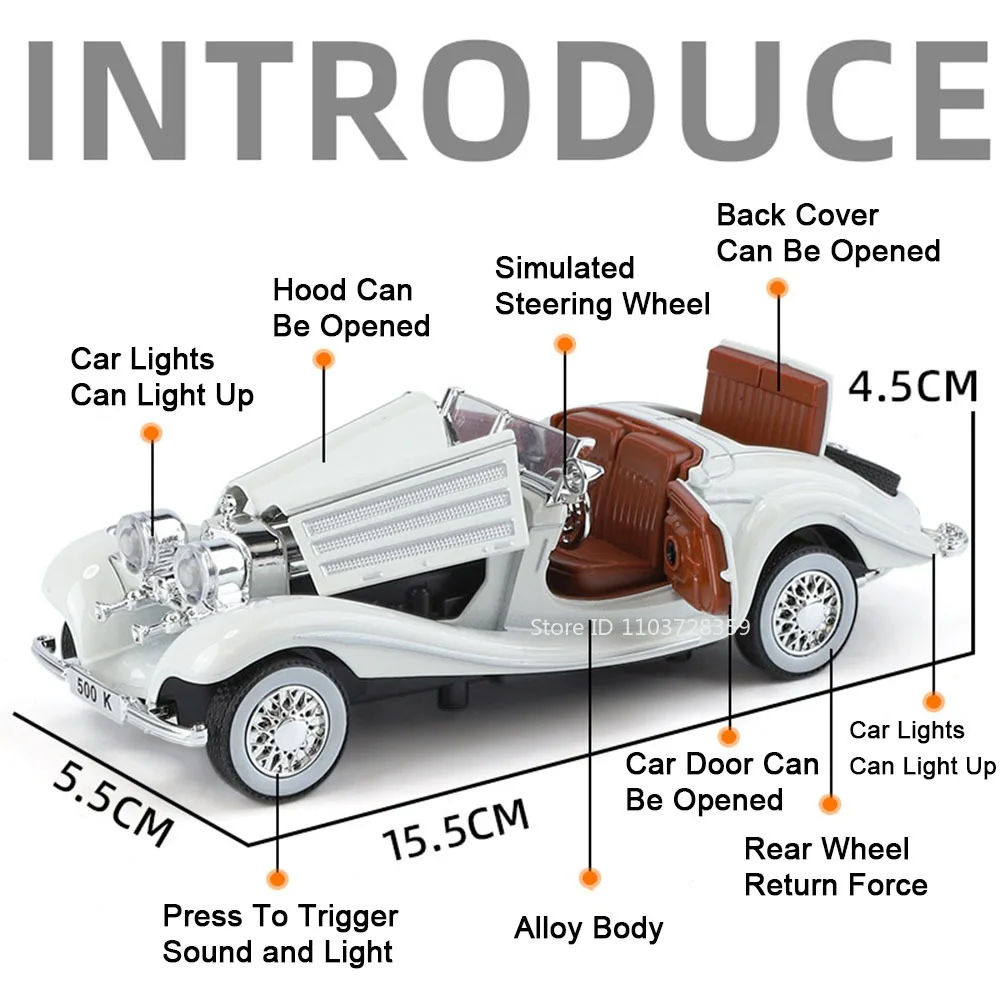 1:32 Skala 500K 300SL Vintage Model samochodu Zabawki Alloy Diecast Dźwięk Światło Drzwi Otwarte Wyciągnij Miniaturowe Pojazdy Prezenty dla dzieci