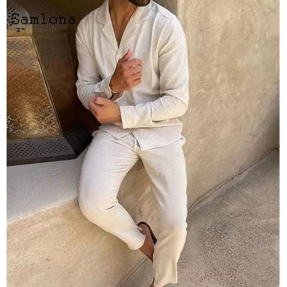 Men Casual Cotton Two Piece Sets 2024 Europe Style Vintage Basic Top and Solid White Pencil Pants Suit Male Beach Tracksuits Set