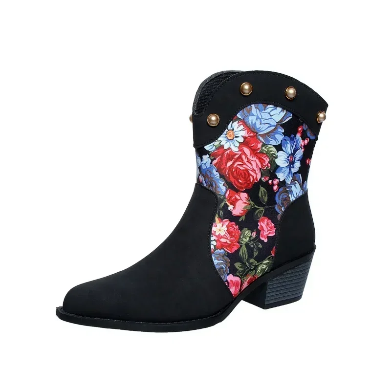 Botas romanas retrô para mulheres, sapato de dedo apontado, cores misturadas, rebanho estampado, salto médio, moda, outono, 2024