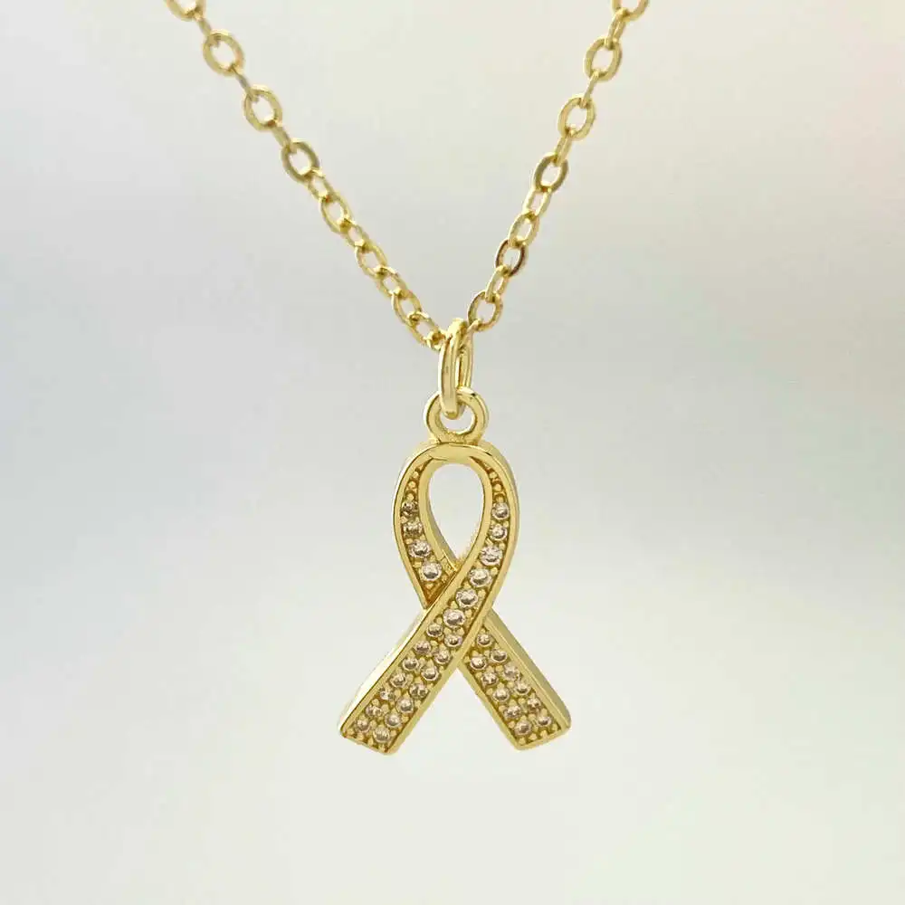 Chic Dainty 18K Gold Plated CZ Micro Pave Breast Cancer Awareness Silk Ribbon Charm Pendant Necklace Jewelry Gift