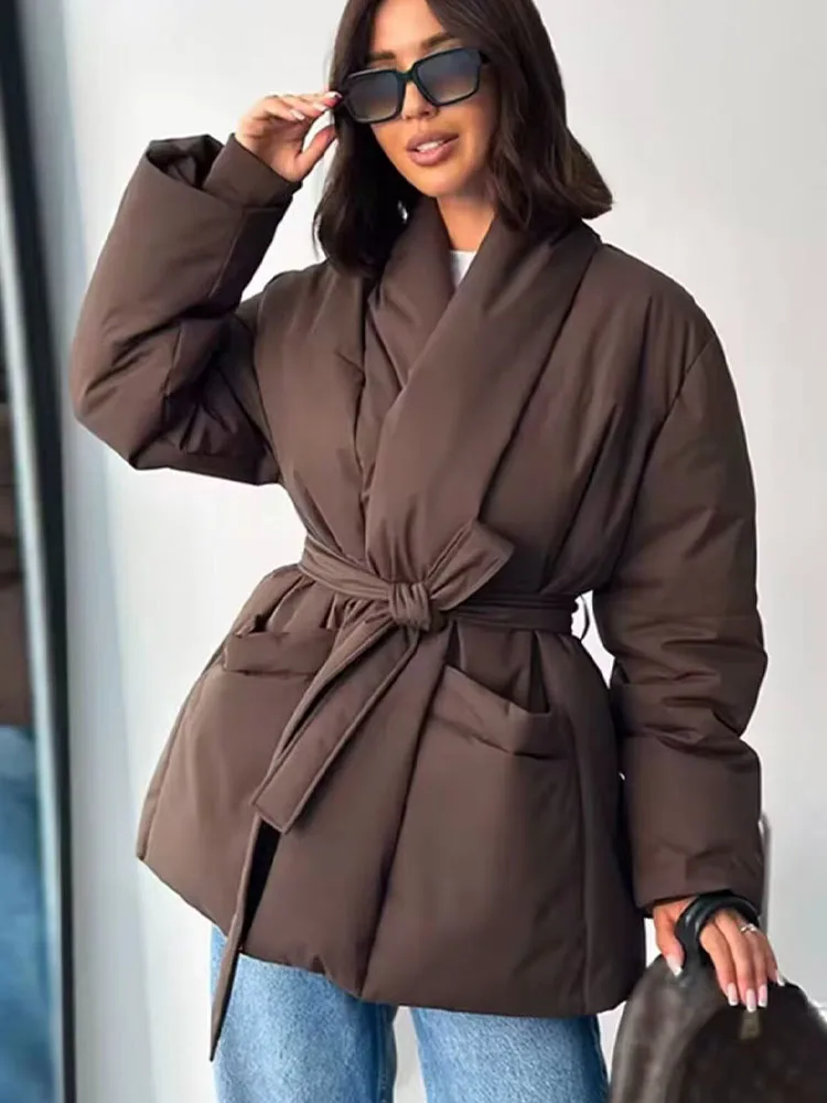 

HH Women 2025 Winter Fashion Solid Loose Warm Cotton Clothes Female Temperament Belt Pocket Decoration Long Sleeves Thick Jacket