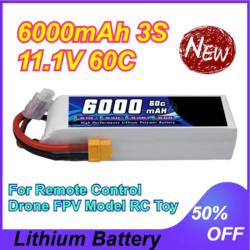 

6000mAh 3S 11.1V 60C High-Capacity Rechargeable Battery for Remote Control Drone FPV Model RC Toy Lithium Battery