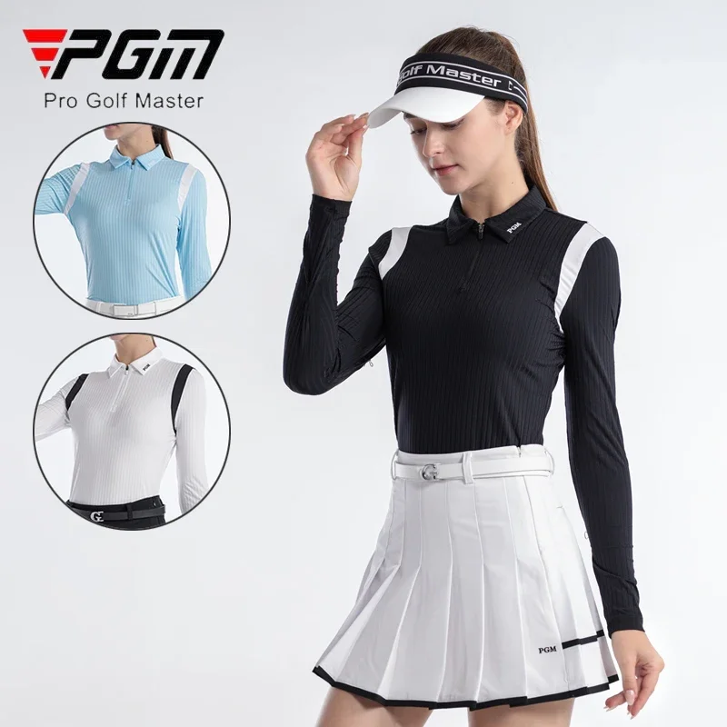 

PGM Ladies Zipper Collar Golf Polo T-shirt Ladies Stripe Long Sleeve Shirt Women Elastic Patchwork Sport Tops Spring Clothing