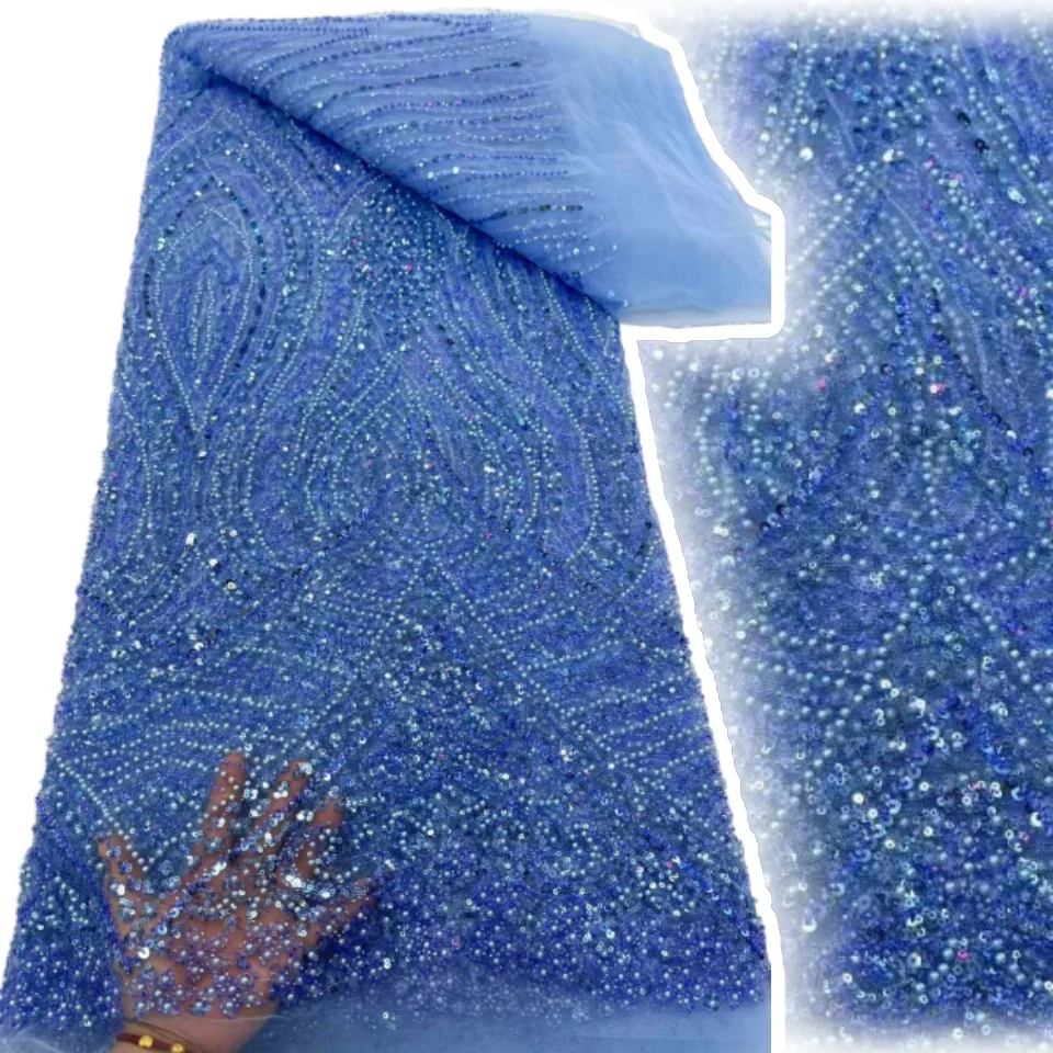 Tessuto di pizzo africano blu con paillettes ricami di perline nigeriano sposo da sposa tessuto di pizzo francese di alta qualità per matrimonio CC1438