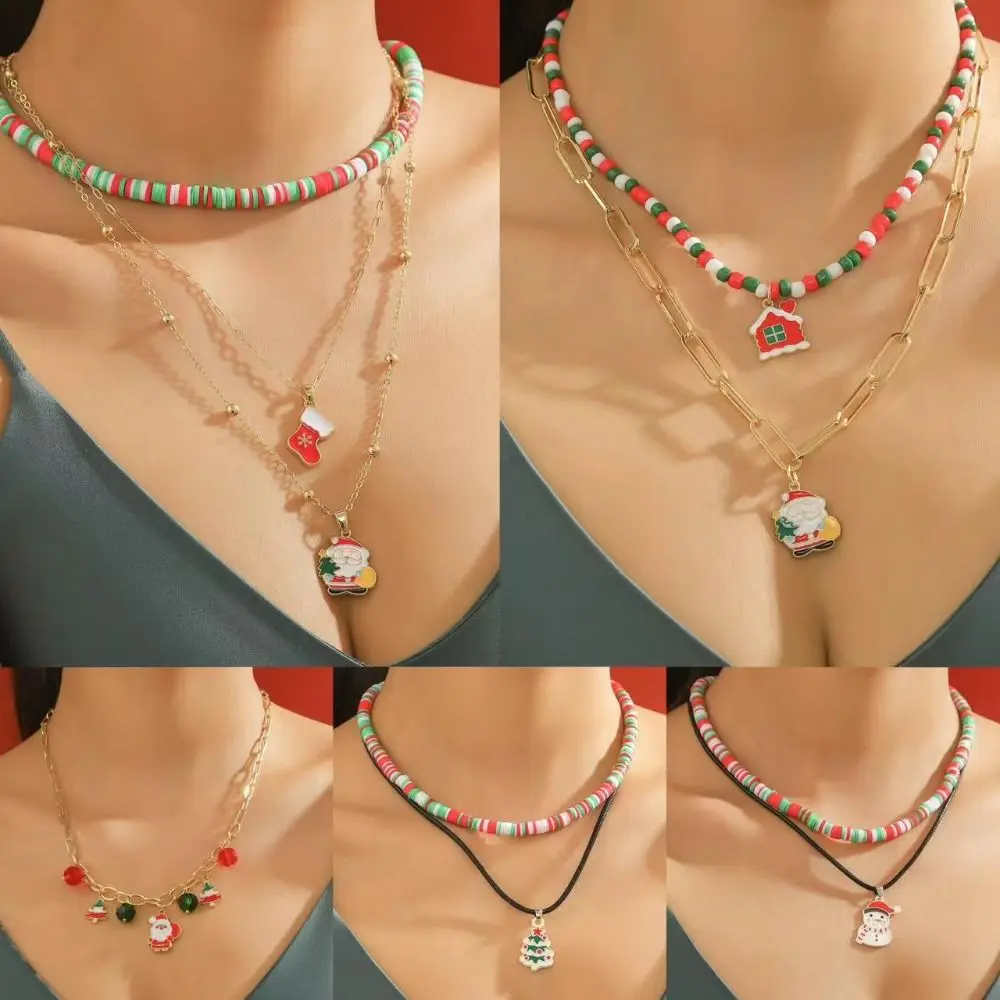 Santa Double Layer Christmas Necklace Gingerbread Man Cartoon Cartoon Pendant Bracelet Alloy Christmas Tree Rice Beaded Chain