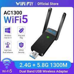 WIFI FIY 1300Mbps WiFi USB Adapter Dual Band 2.4G+5Ghz Wi-Fi Dongle Receiver USB3.0 High-Speed Wireless Network Card Driver Free