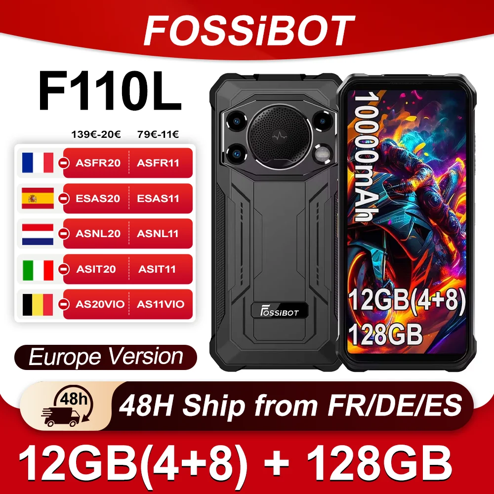 Fossibot F110L Smartphone robuste Android15 12GB(4 + 8) + 128GB 10000mAh 50MP + 8MP + 5MP 60Hz téléphone portable NFC/GPS 6.745''HD + IPS