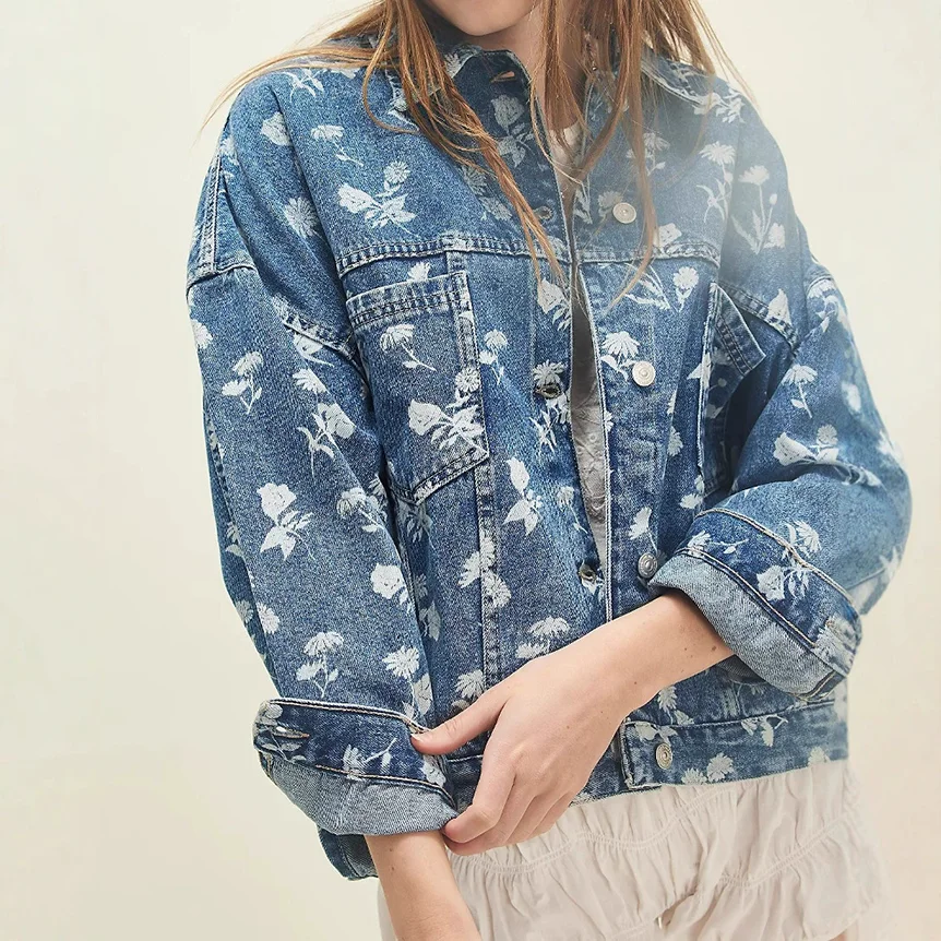 

2025 New Autumn Women Denim Jacket Streetwear Single Breasted Turn Down Collar Loose Fit Printed