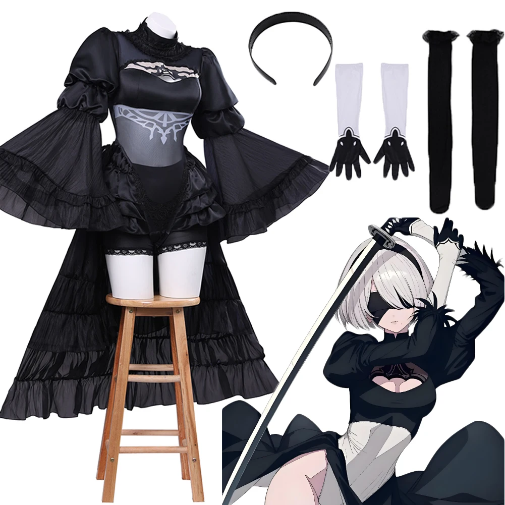 

YoRHa 2B Cosplay Anime Game NieR Reincarnation Black Dress Costume Headband No.2 Type B Uniform Outfits Halloween Carnival Women
