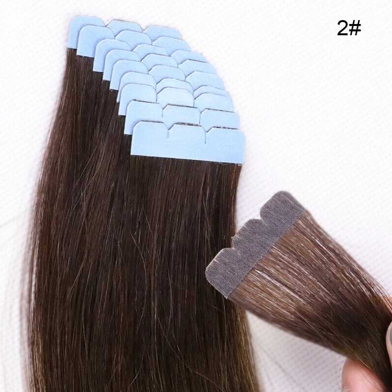 Mini Tape In Human Hair Adhesive Extensions Straight Skin Weft 100% Natural Real Mega Hair Straight Black Brown Blonde 16