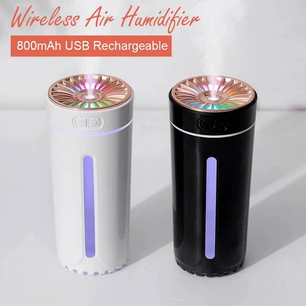 Wireless Air Humidifier Colorful Lights Mute USB Fogger Purifier 800MAh Rechargeable Cool Mist Maker for Car Black