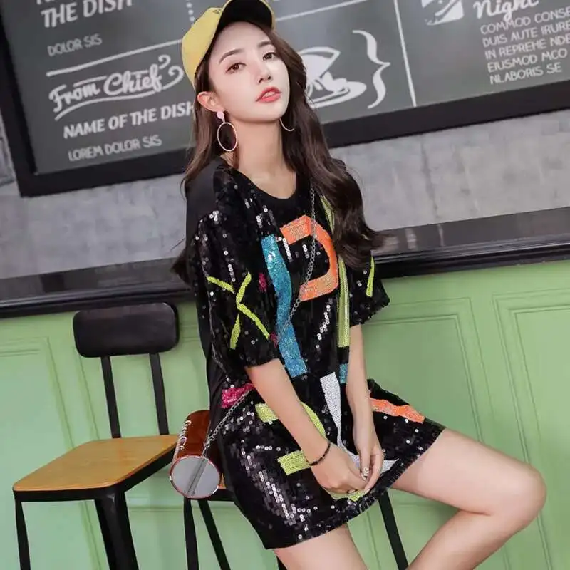 #0206 Summer Long T Shirt Women Loose O-neck Streetwear Sequined T Shirt Short Sleeve Split Joint Hip Hop T-shirt Femme Letters