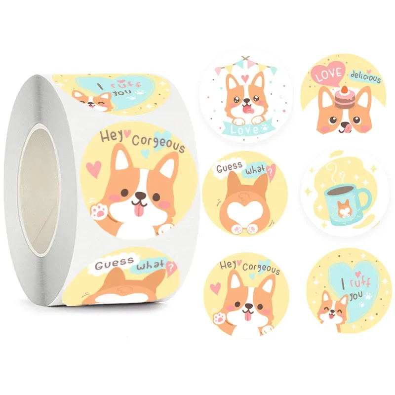 100-500PCS Seals Stickers Corgi Cartoon Dog for Kids Children\'s Stickers Packaging Home Made Animal Rolling Stickers Labels