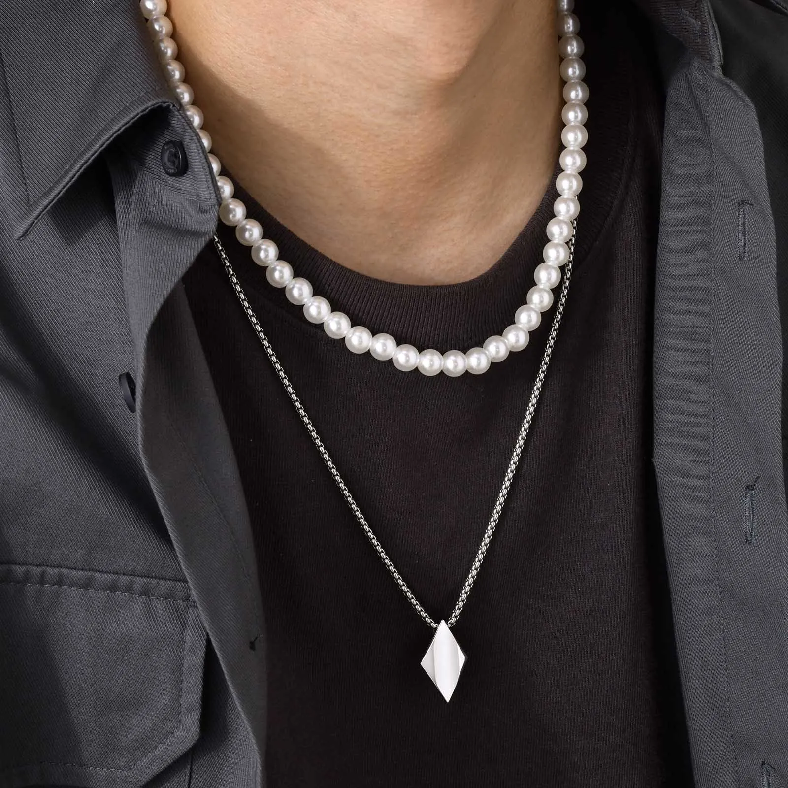 Minimalist Stainless Steel Geometric Rhombus Necklace for Men, Stacking 8MM Simulated Pearl Beads Chain Collar