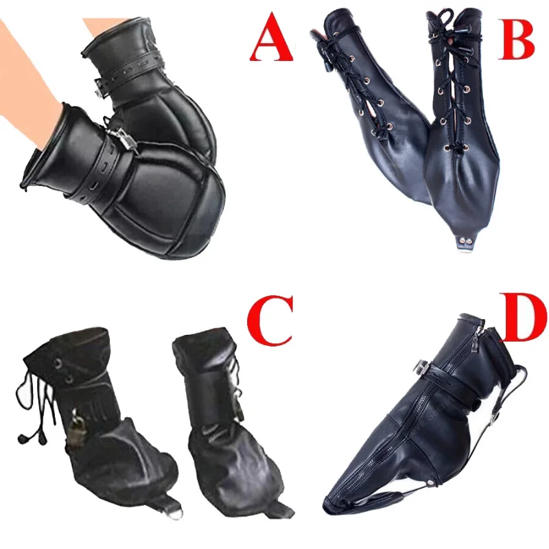 Soft PU Leather BDSM Bondage Gloves Handcuffs Padded Boot Booties Feet Restraint Dog Paw Fist Mittens Socks Ankle Cuffs Game