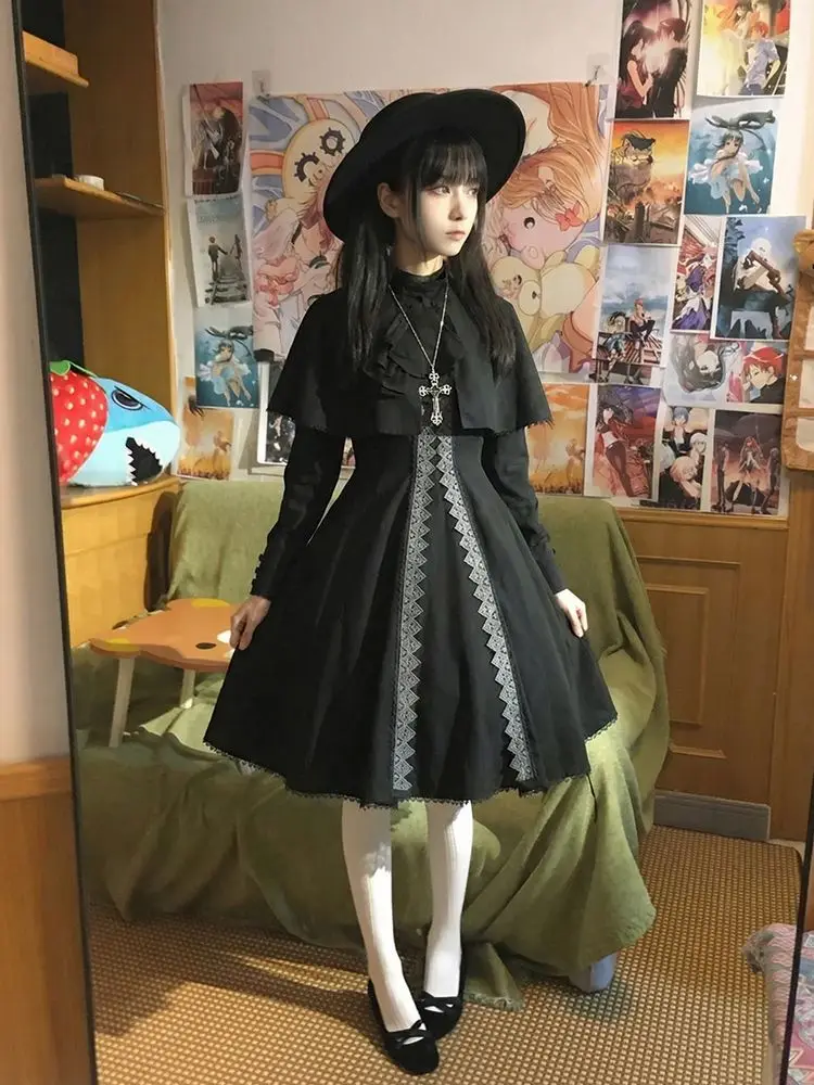 

2000s Japan Style Dark Gothic Slim 2 Piece Dress Set Autumn Harajuku Lace Patchwork Long Sleeve Mini Dress Y2k Short Party Dress