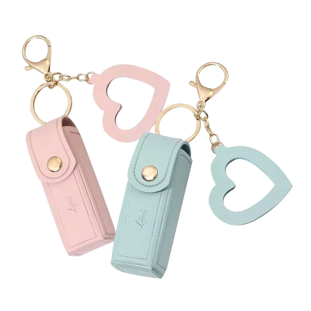 

2pcs Lipstick Holder Keychain Storage Bag for Coins Keys Lip Balm Pink Emerald Compact Carrying Case Makeup Brush Organizer