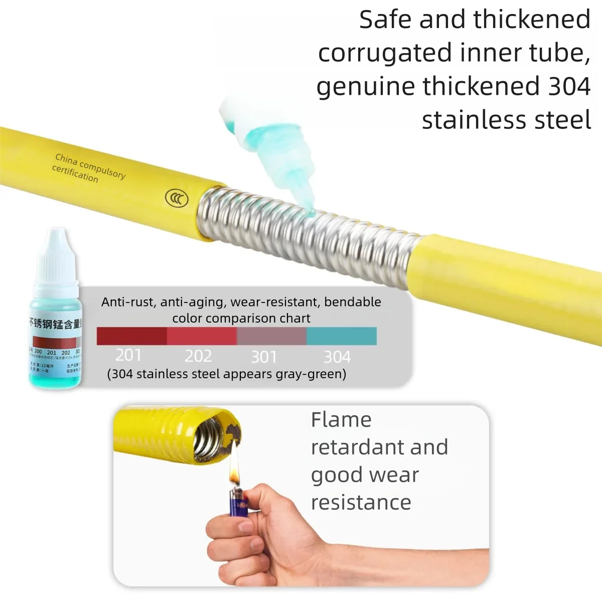 304 Stainless Steel Corrugated Gas Pipe Explosion-Proof Anti-Bite Natural Gas Liquefied Gas Stove Connecting Tube for Home Safet