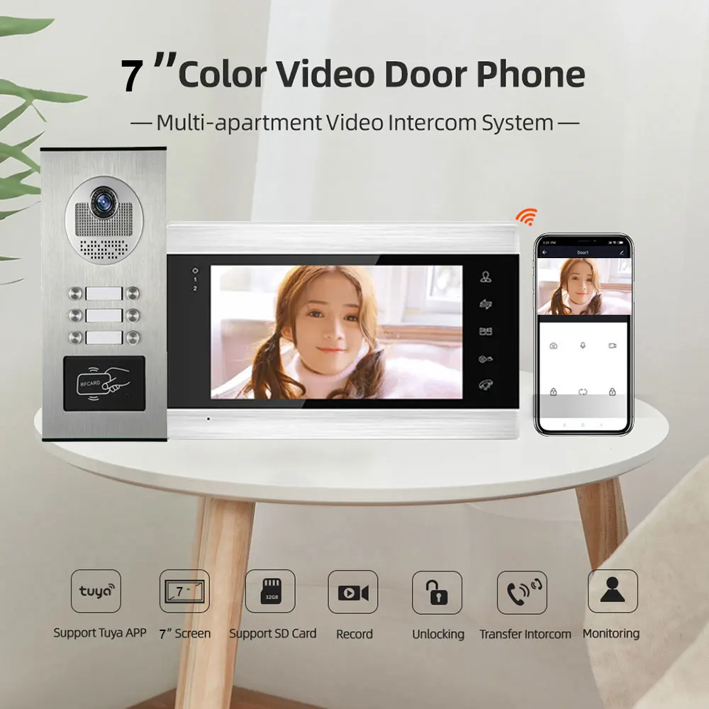 New Tuya Wifi 7 Inch Screen Video Intercom for 2/3/4/6 Unit Apartments  with with RFID Card / APP Unlock Doorbell Camera Systerm