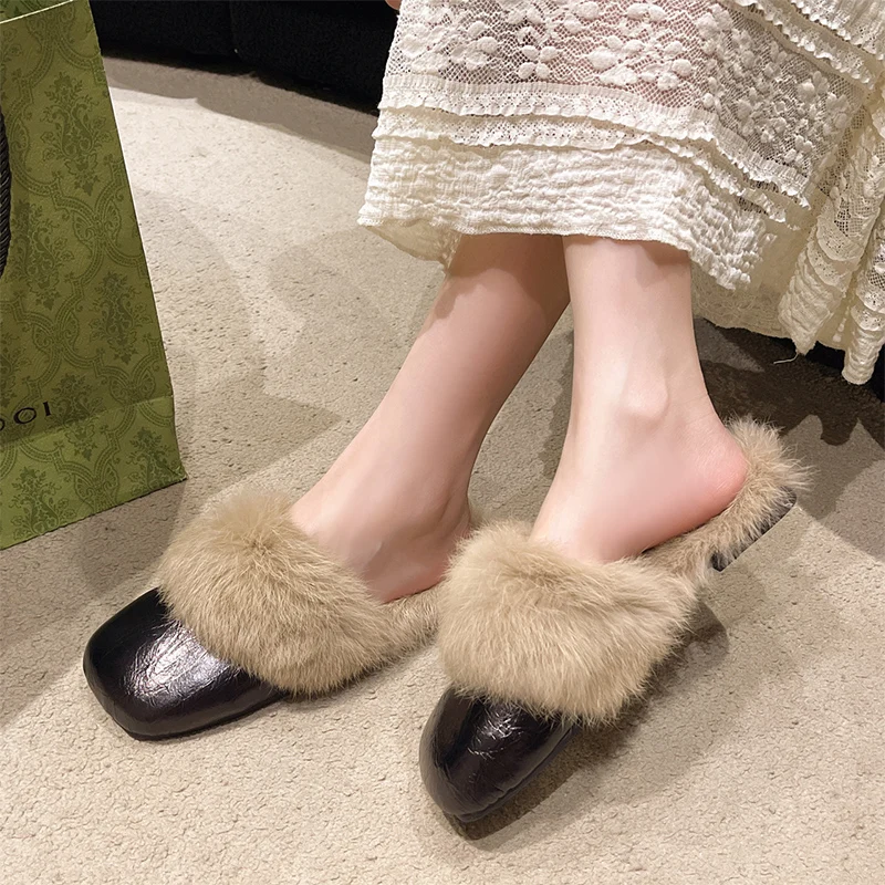 Fur Mules Shoes Women Slippers Warm Home Flats Cotton Shoes Winter 2024 Trend Fashion Flip Flops Brand Casual Plush Zapatos Lady