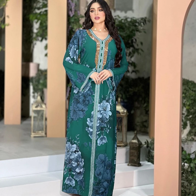 Summer Muslim New Middle East Dubai Arab Robe Abaya Printed Rhinestones abaya  modest outfits  muslim dresses  robe turque