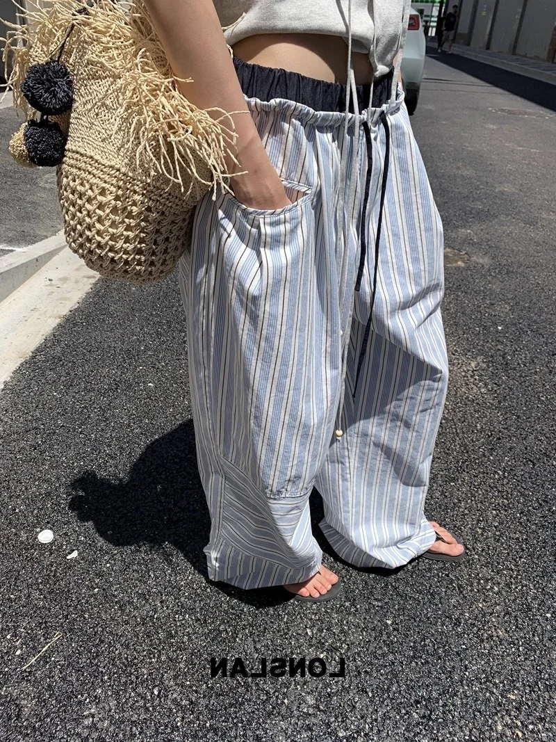 Blue Striped Wide Leg Pants Women's Summer 2025 New Dstring Elastic Waist Splicing Lazy Straight Casual Trousers