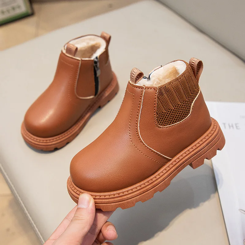 سوبر دافئ الخريف الشتاء طفل أطفال أحذية قصيرة بولي Leather جلد بنين بنات أطفال أحذية موضة طفل الثلوج الأحذية