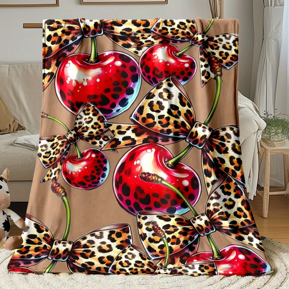 Fresh Red Cherry with Leaf Repeating Printed Throw Blanket for Picnic Outdoor Leisure Casual Farm‑Style Home Ornament Carpet
