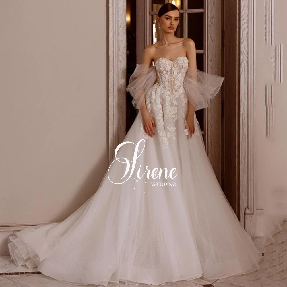 Vestido de novia personalizado con forma de corazón y hombros descubiertos, corte en A, Apliques de encaje, Vestido de novia bohemio con espalda descubierta, Vestido de novia