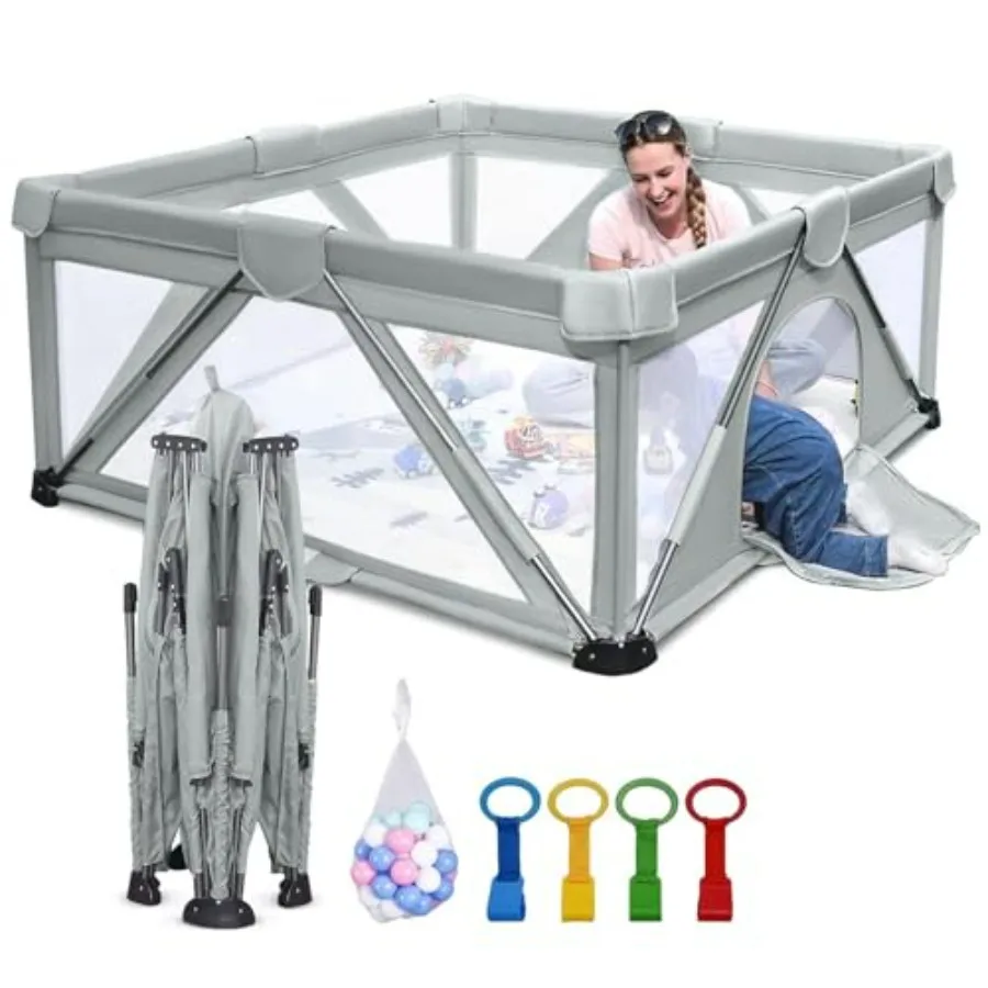 

Foldable Large Playpen for Babies and Toddlers Indoor Outdoor Portable Play Yard with Gate 47×63 Lightwght Mesh Material White