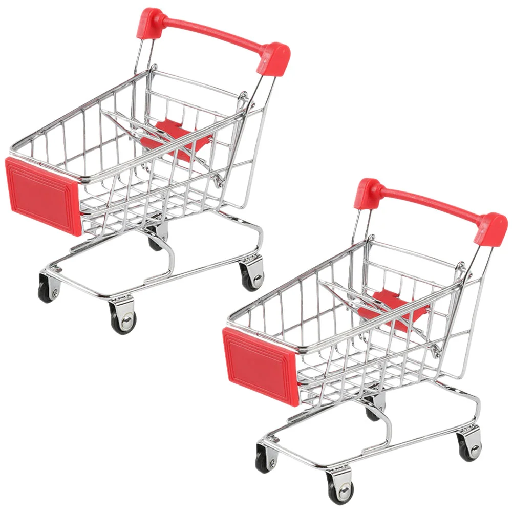 

2 Pcs Mini Shopping Cart Trolley Toy Desk Miniature Small Supermarket House Ornament Storage