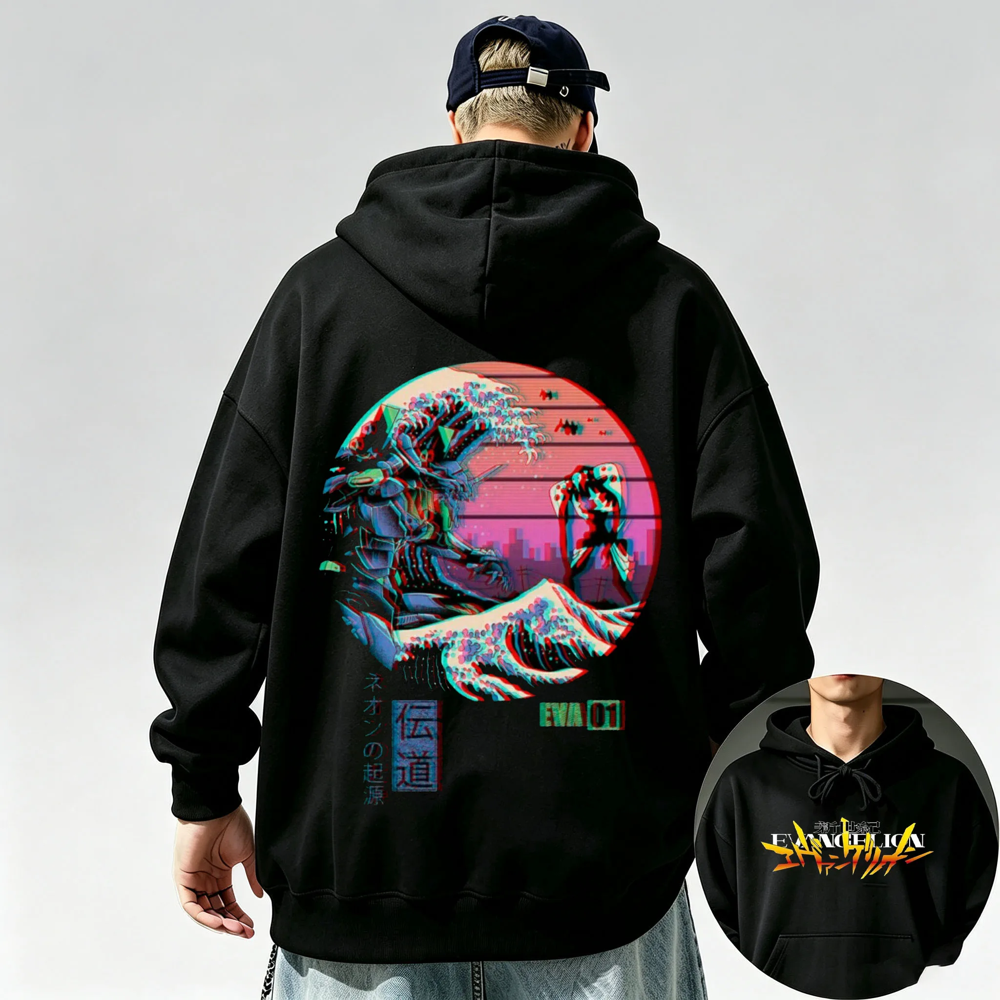 New Fall/Winter Arrivals: Streetwear-style hoodie with Evangelion print, Y2K style, unisex, loose fit, suitable for any occasion