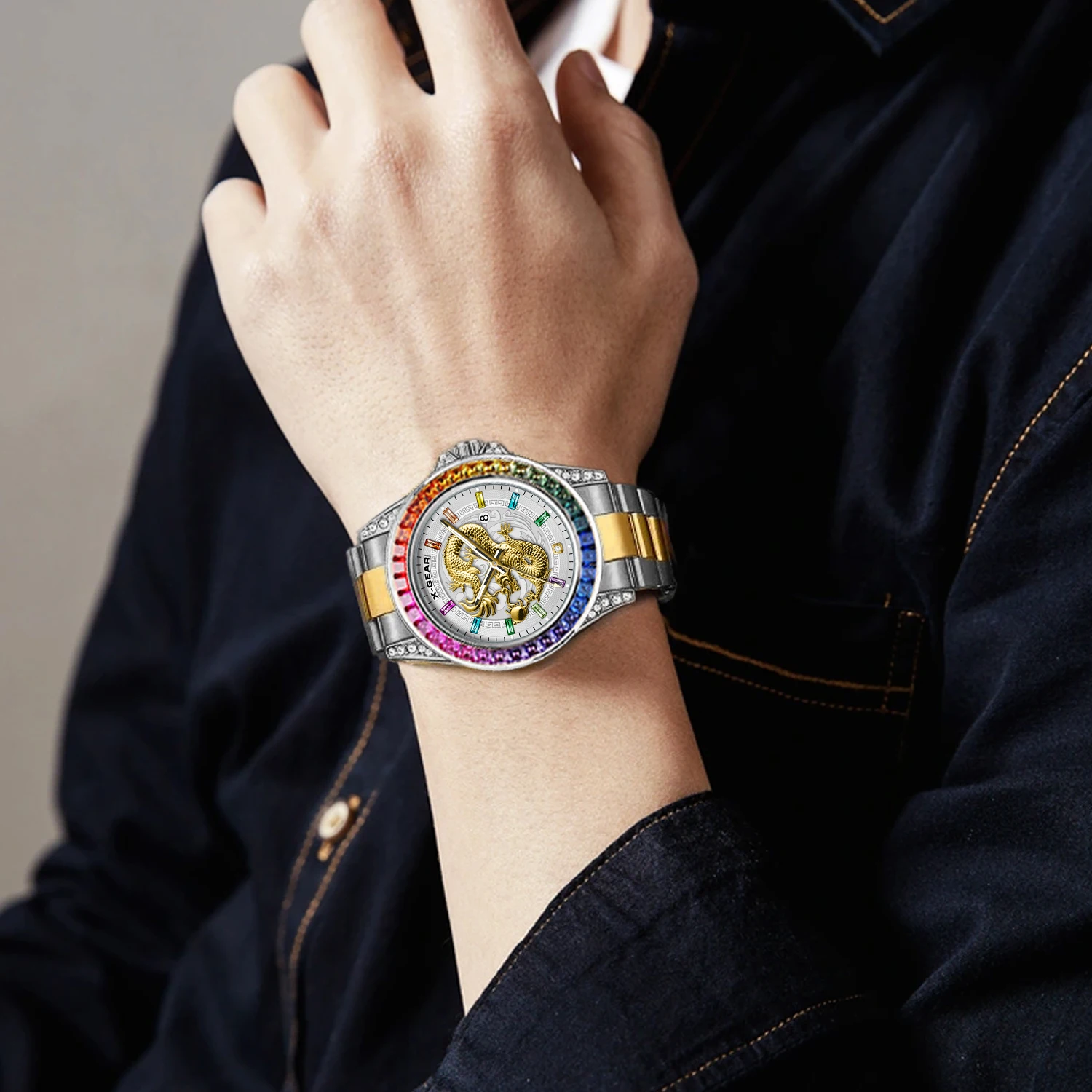 X-GEAR Real Dragon Dial Men's Trend Business Big Three Hands Men's Luxury Diamond Luminescent Waterproof Men's Quartz Watch