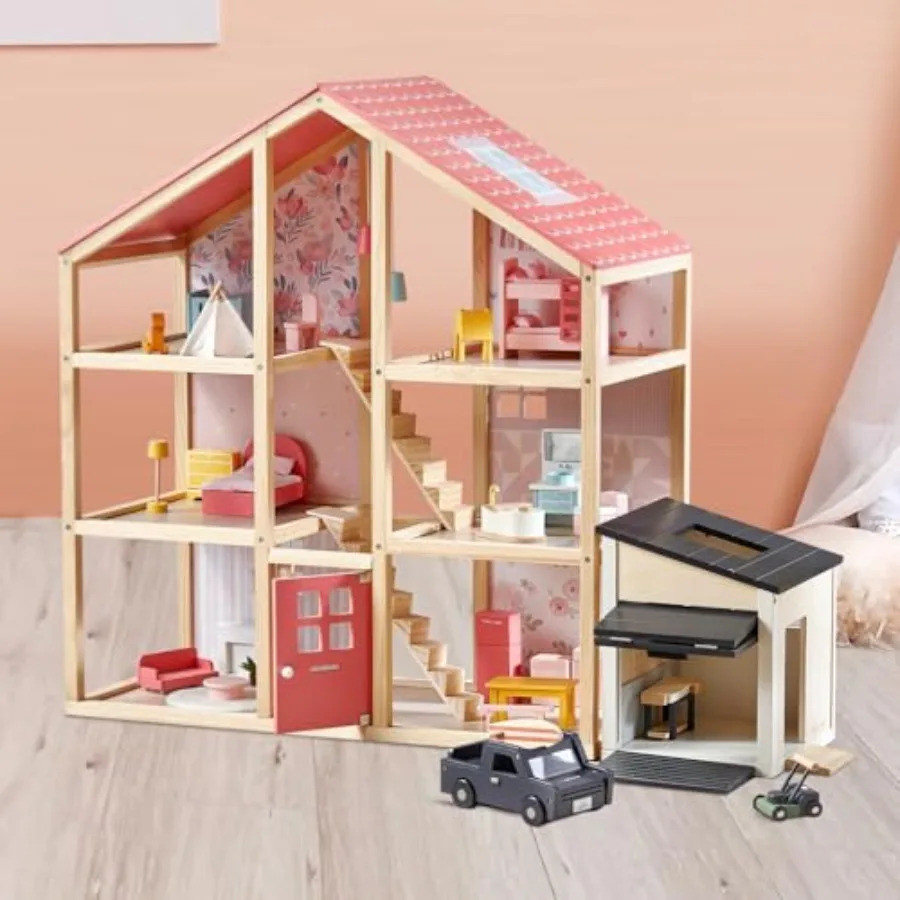 

Wooden Dollhouse for Girls & Dollhouse Garage Toy Set