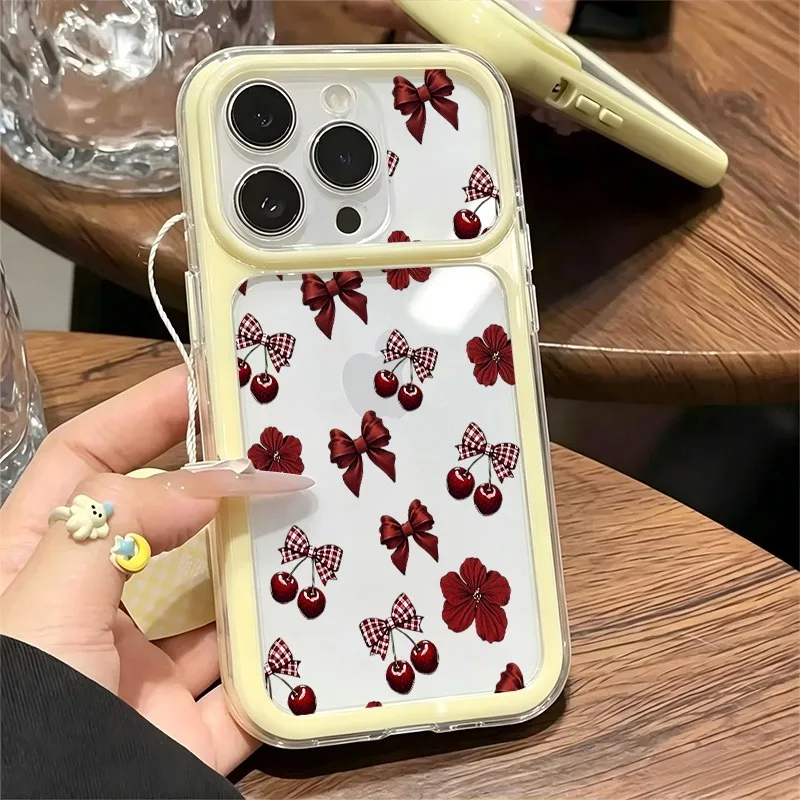 Vintage Red Bow Cherry Floral Print Phone Case For iPhone 11-17 Series, Large Clear Window Shockproof Soft TPU Cover