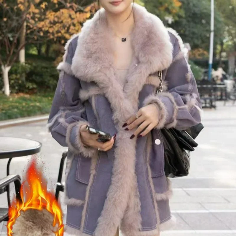 Add Fleece Thickened Fashion Fur One Short Coat for Women Winter New Style High-grade Warm Cotton-padded Comfortable Parkas